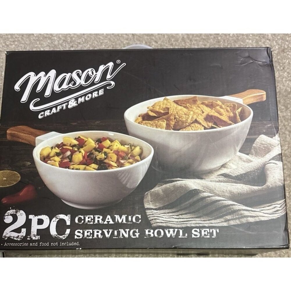 Mason Ceramic 2 Piece Serving Bowl Set Wooden Handles Rare